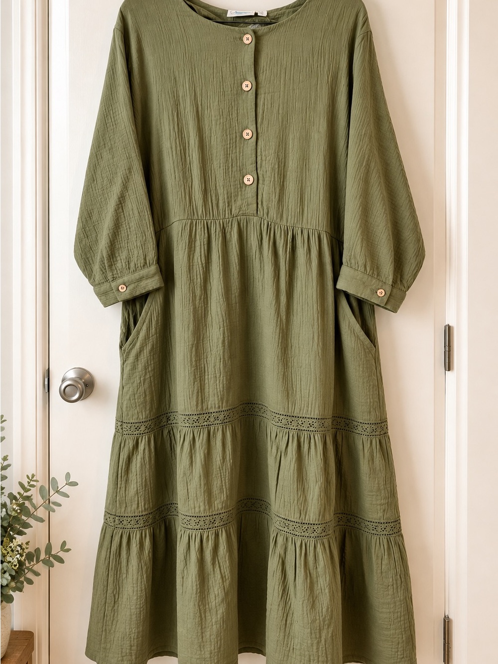 National 1X Olive Green Cotton Gauze Crinkle Maxi Dress Pockets
